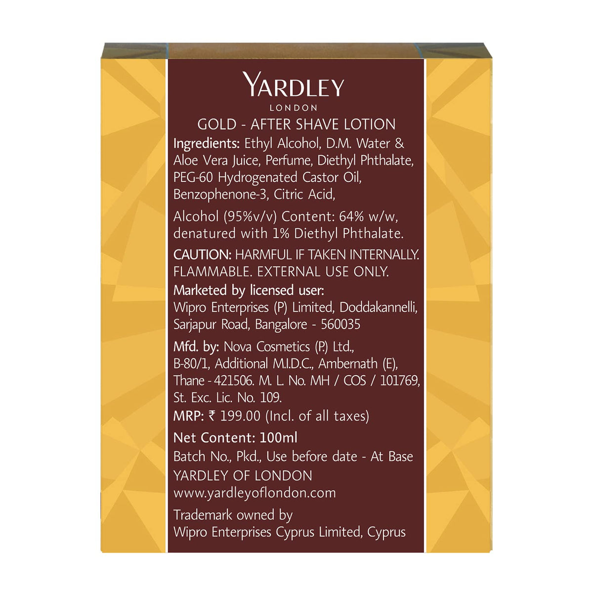 Yardley London Gold After Shave Lotion with Aloe Vera, 100ml (Pack of 1)