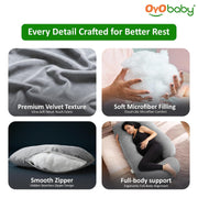 OYO BABY Maternity Pillows J-Shape Full Body Pillow | 360° Maternity Support for Back, Hips, Legs & Belly | Pregnancy Pillows for Women | Removable Washable Velvet Cover (Light Grey)