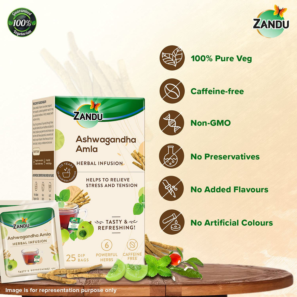 Zandu Ashwagandha Amla Ayurvedic Infusion, a Herbal Tea Enriched with 6 Ayurvedic Ingredients (25 Tea Bags)