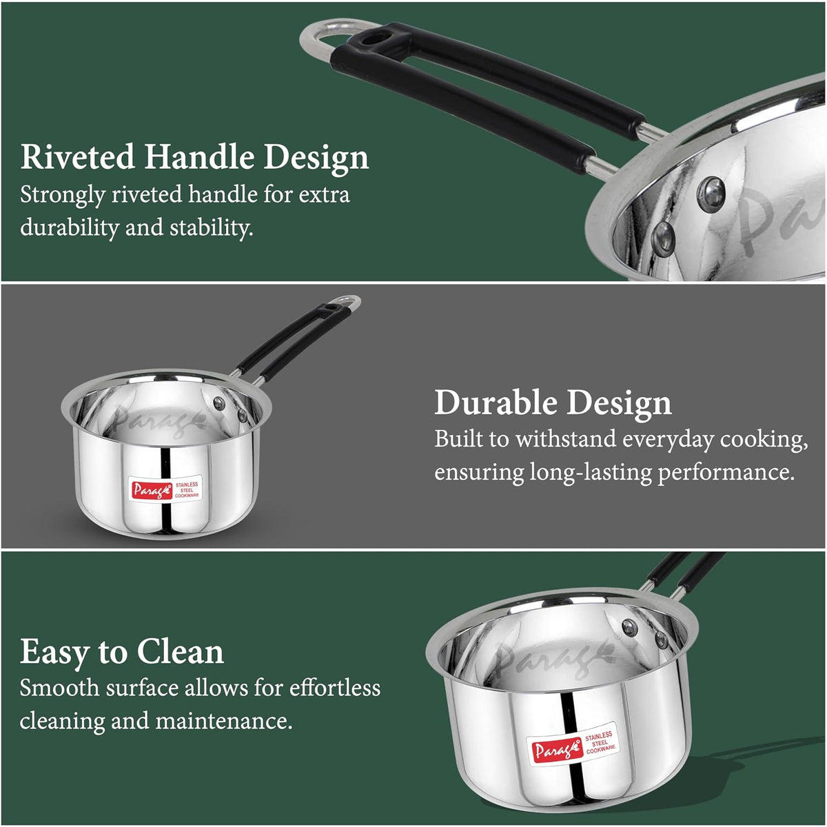 Parage 2 Pieces Stainless Steel Sauce Pan, Tea Pan, Milk Pan Heavy Gauge with Heat-Resistant Wire Handle Induction & Gas Stove Friendly (1.25 LTR & 1.75 LTR, Silver)