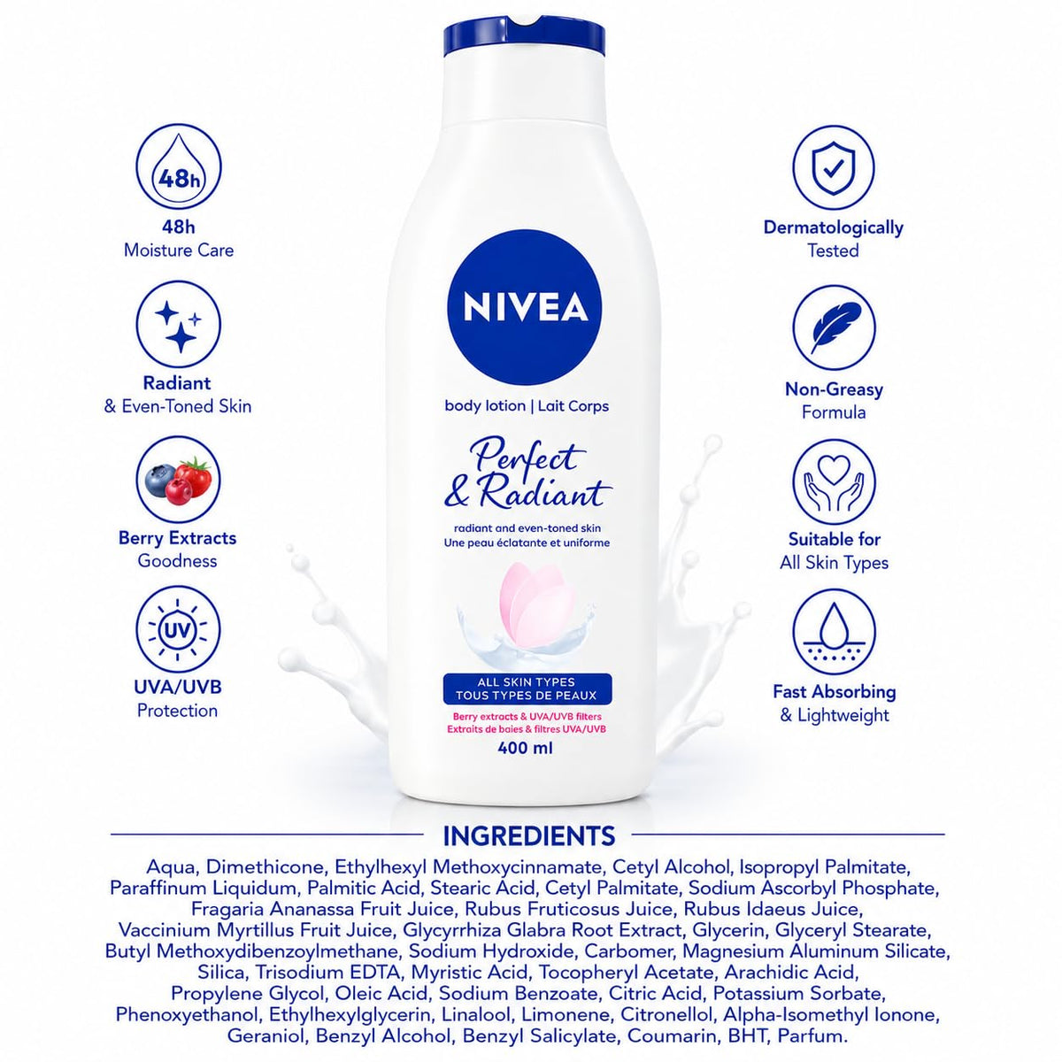 NIVEA Perfect & Radiant Body Lotion 400ml | Daily Moisturizer for Even Skin Tone & Natural Radiance | With Licorice & Berry Extracts