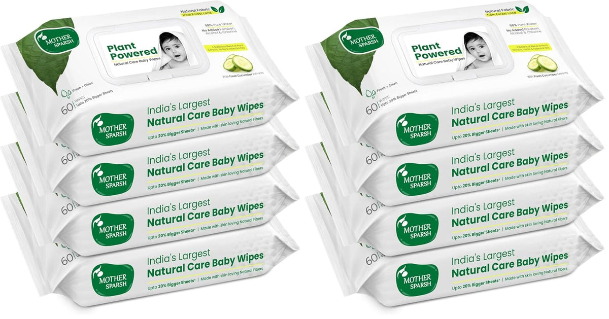Mother Sparsh Natural Care Baby Water Wipes I 100% Plant Made Fabric From Forest Land | Plant Powered Wet Wipes with Cucumber Extract For Baby I Cotton Cloth Like Bigger Sheets | 60 Pcs (Pack of 8)