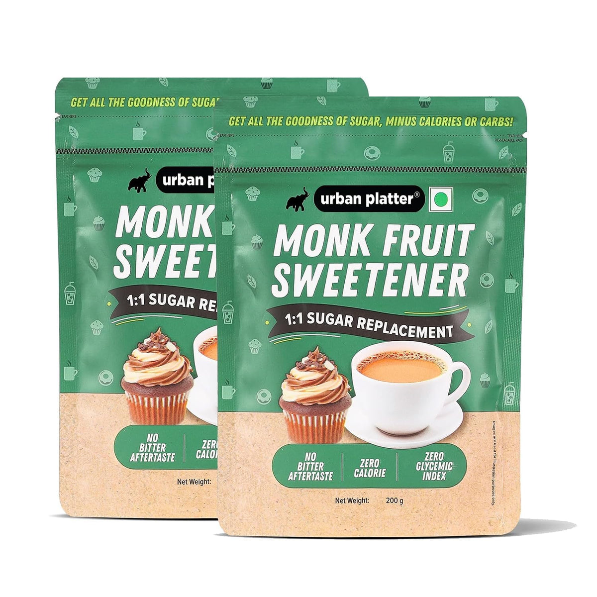 Urban Platter Monk Fruit Sweetener (Zero Calorie, Keto & Diabetic-Friendly, 1:1 Sugar Replacement, No Aftertaste, Monk Fruit + Erythritol Blend) (200g (Pack of 2))
