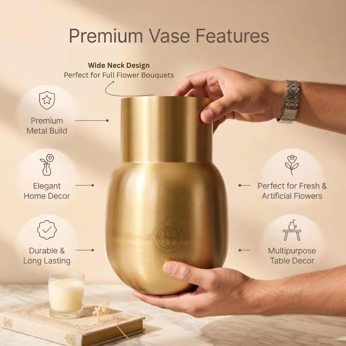 DSH Gold Flower Vase Modern Metal Flower Pot (6.5X11 Inch) for Home Décor Elegant Decorative Vase for Living Room, Office & Table Centerpiece