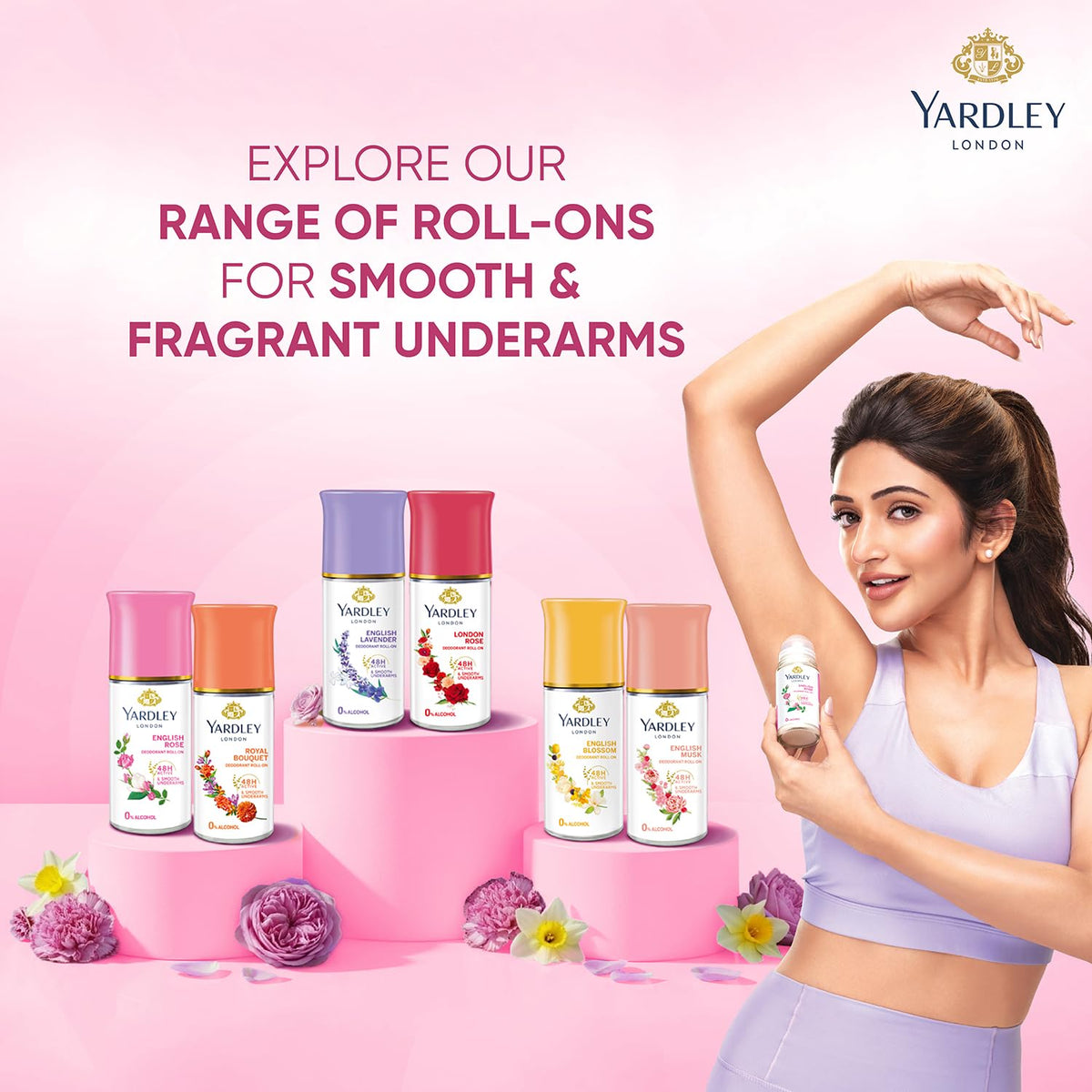Yardley London English Rose Underarm Deodorant Roll On | With Licorirce Extract & Floral Extracts | Smooth & Eventoned Underarms | 48 H Long Lasting Floral Scent| 0% Alcohol & Dermat Approved | For Women | 50ml