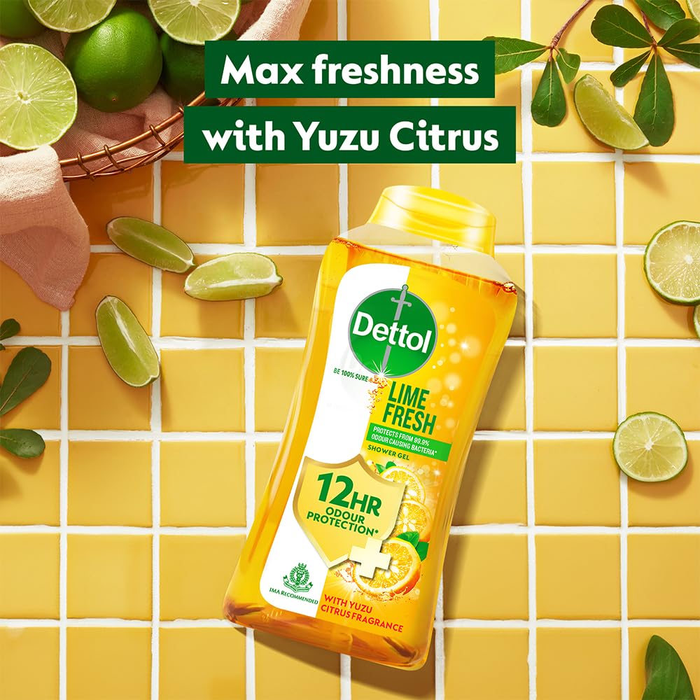 Dettol Lime Fresh Body Wash and Shower Gel Bottle for Women and Men (Pack of 3 - 250ml each) | Soap-Free Bodywash | 12hr Complete Odour Protection