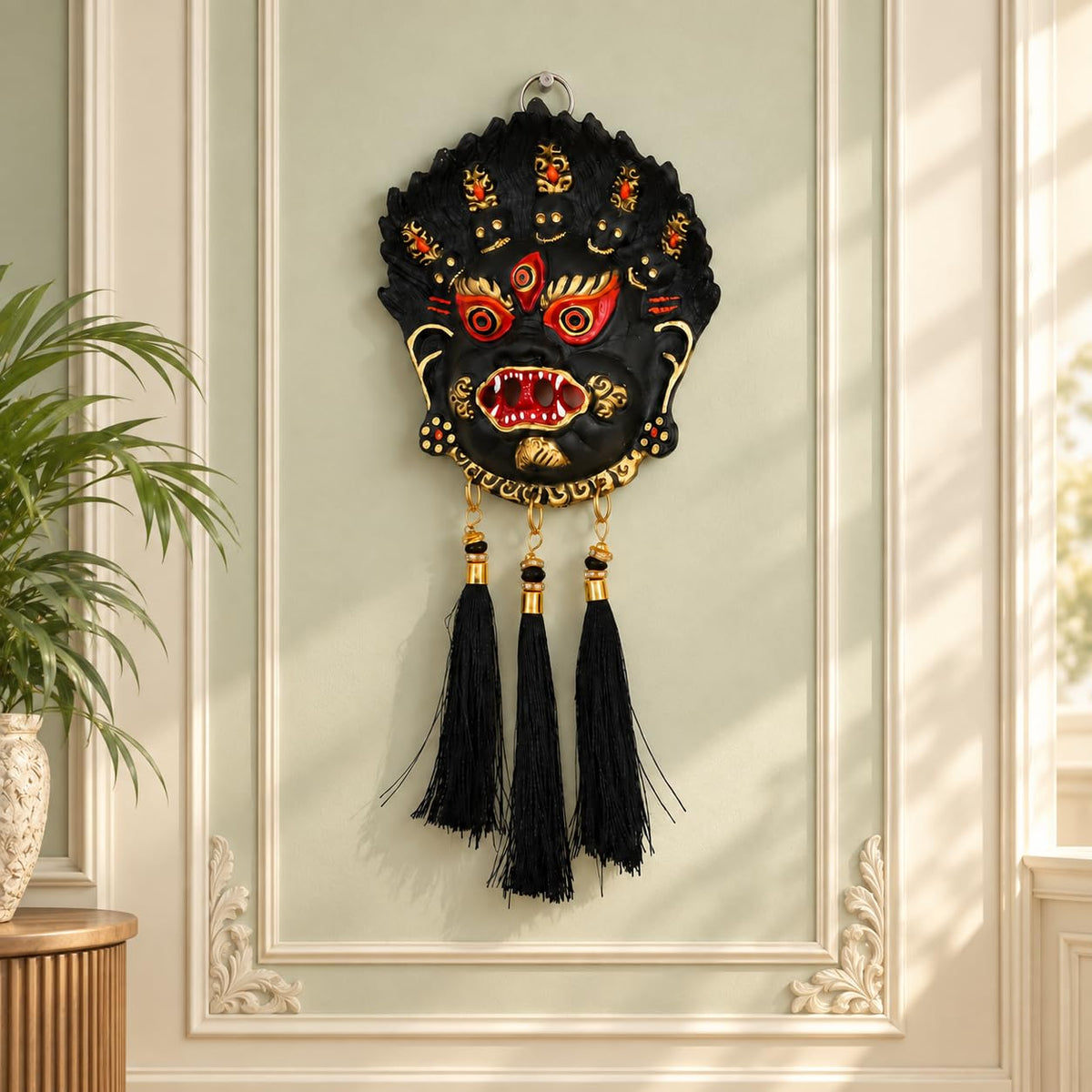 KridayKraft Kirtimukha Nazar Battu Wall Hanging with Tassels, Black Face Mask for Home Entrance, Main Door and Office Décor, Housewarming Gift.