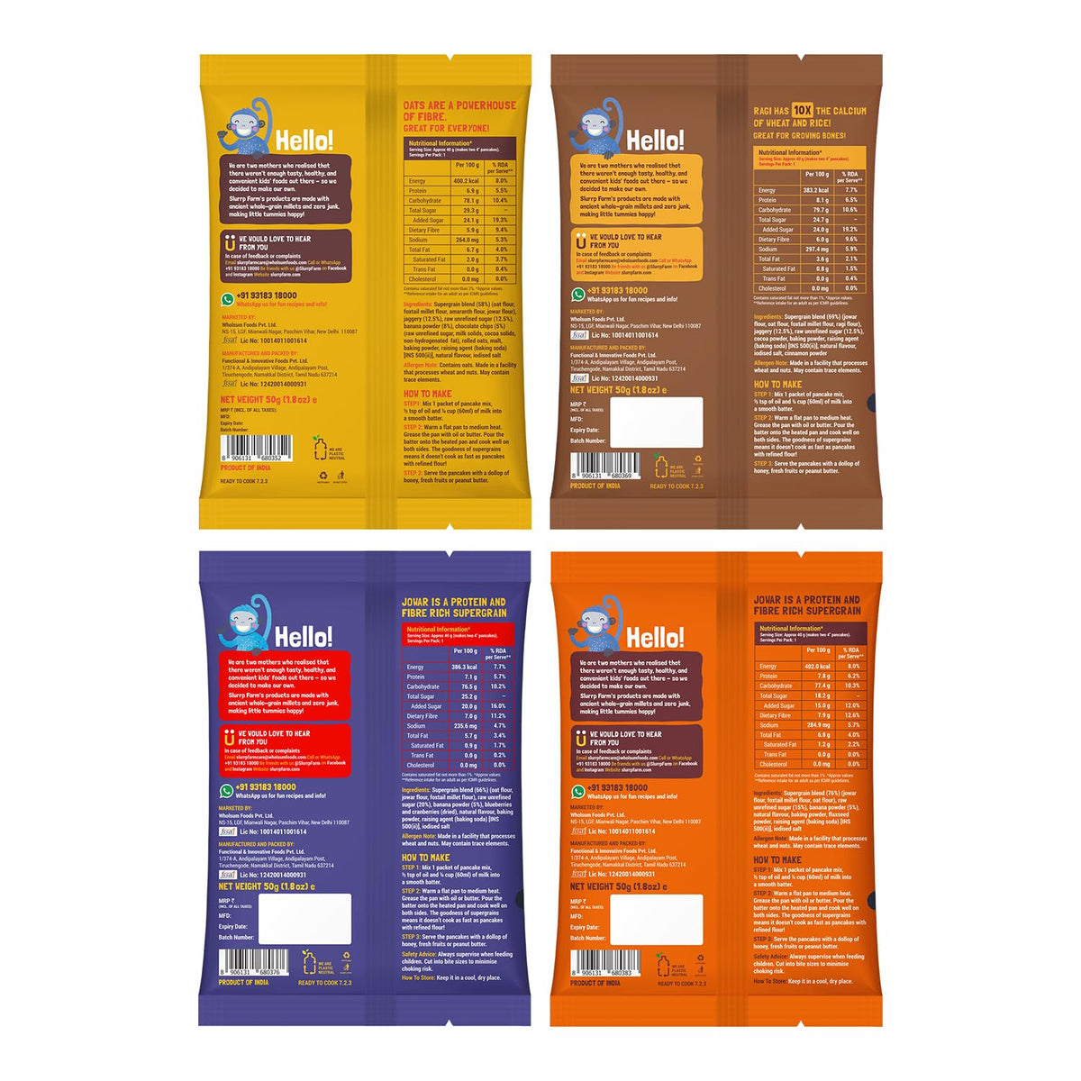 Slurrp Farm No Maida Pancake Trial Pack Combo | Instant Breakfast Mix made with Oats, Ragi and Jowar | Eggless and Healthy Breakfast Mix, 50g X 4