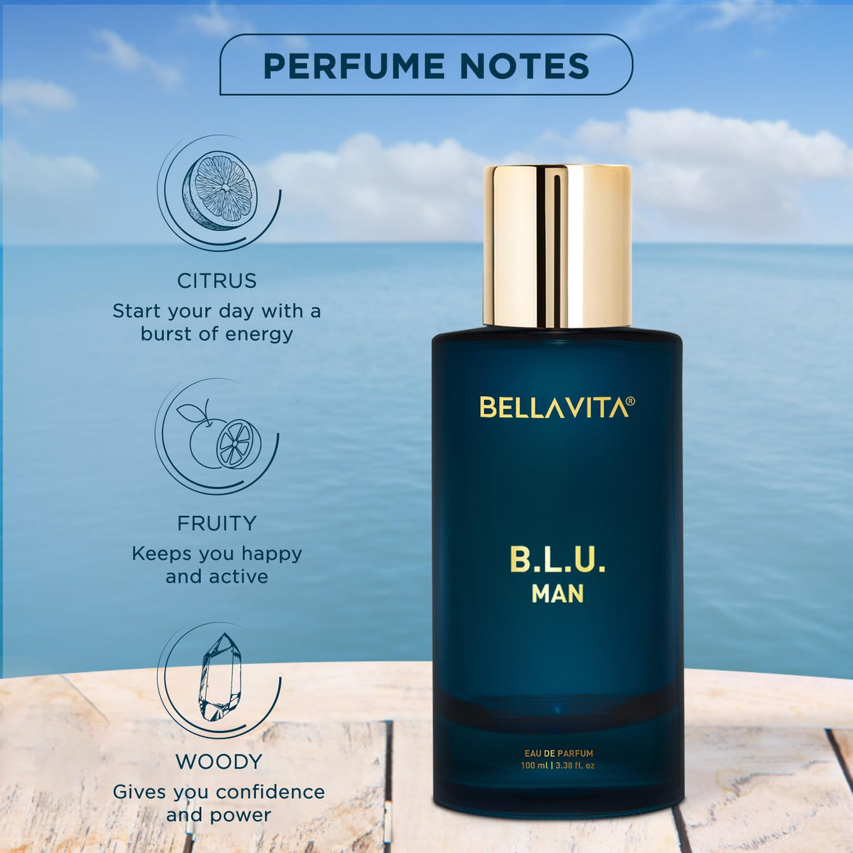 Bella Vita Luxury B.L.U Man Eau De Parfum Perfume with Lemon, Black Pepper, Orris, Musk|Premium, Long Lasting Fresh Aromatic Fragrance for Men, 100 ML