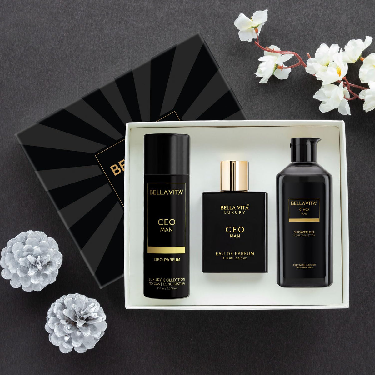 Bella Vita Luxury Black Edition Gift Set with CEO Man EDP Perfume 100ml, Body Parfum Deodorant 150ml & Refreshing Shower Gel for Deep Cleansing, 250ml
