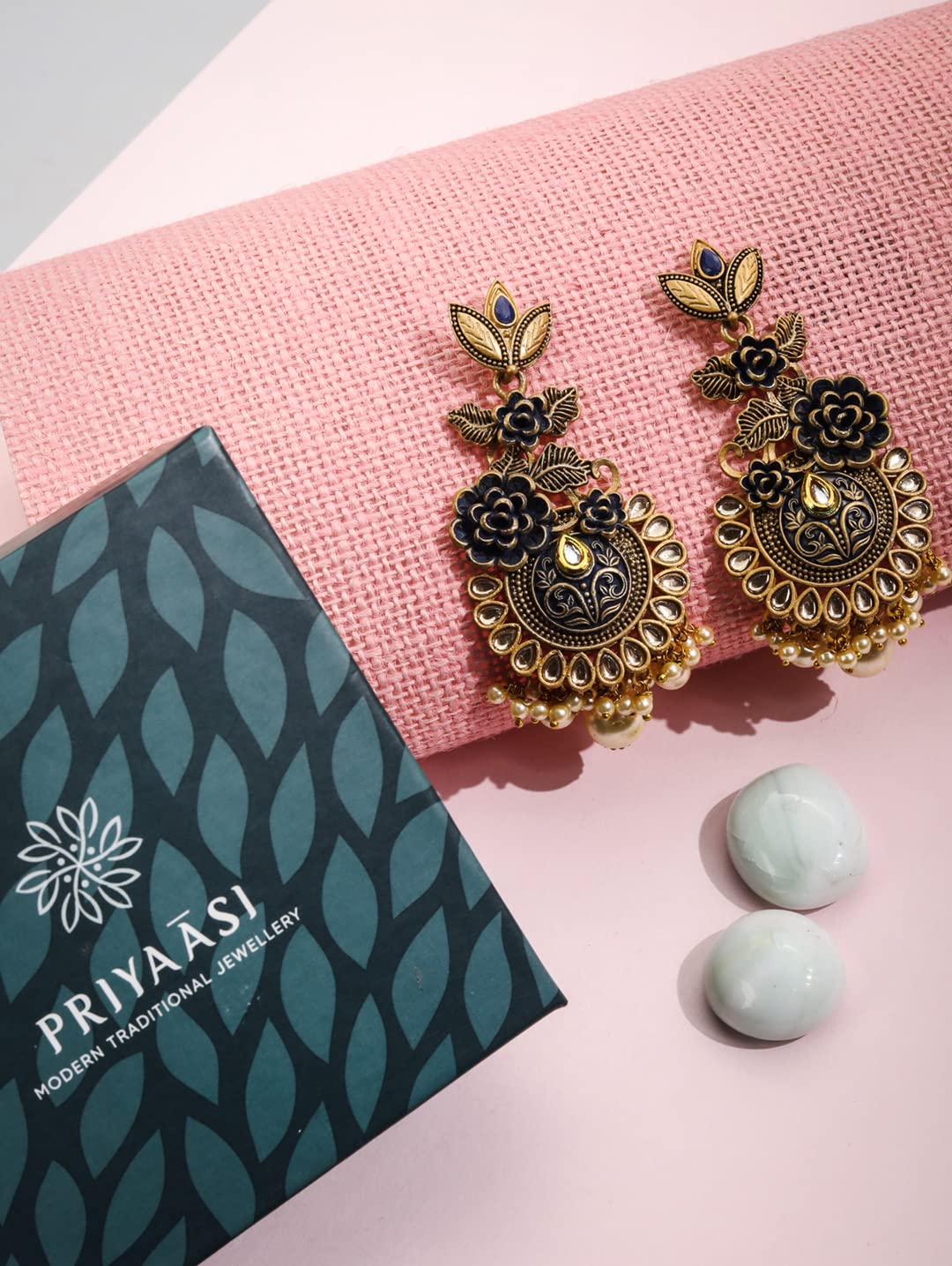 Priyaasi Black Kundan Beads Pearls Gold Plated Floral Drop Earring