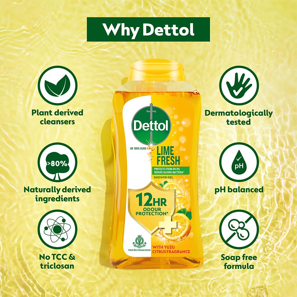 Dettol Lime Fresh Body Wash and Shower Gel for Women and Men, 250ml (Pack of 2) | Soap-Free Bodywash | 12hr Odour Protection