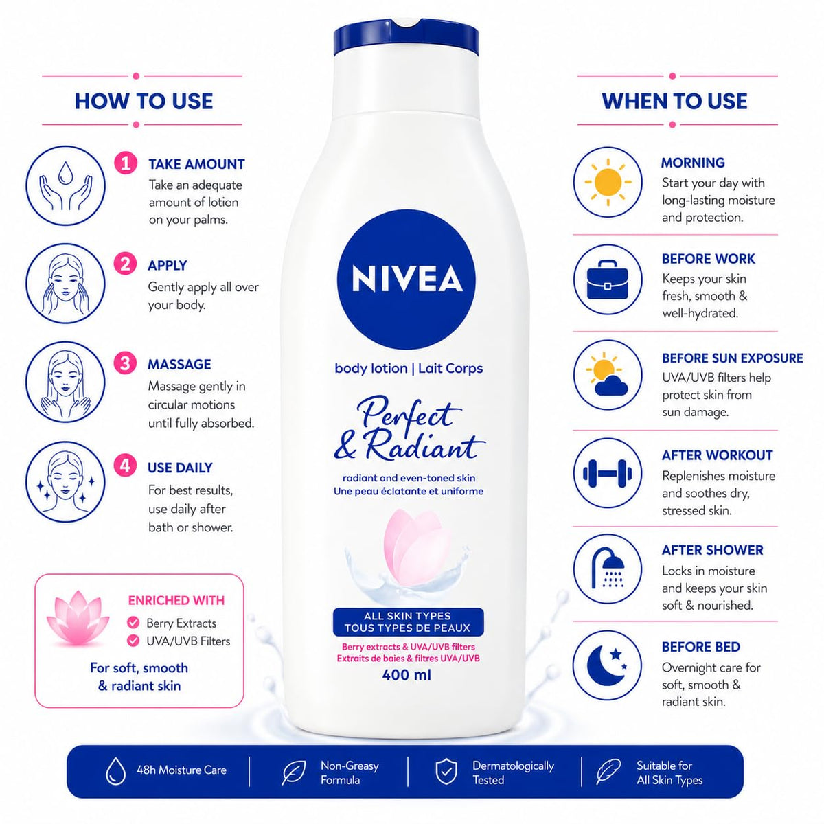 NIVEA Perfect & Radiant Body Lotion 400ml | Daily Moisturizer for Even Skin Tone & Natural Radiance | With Licorice & Berry Extracts
