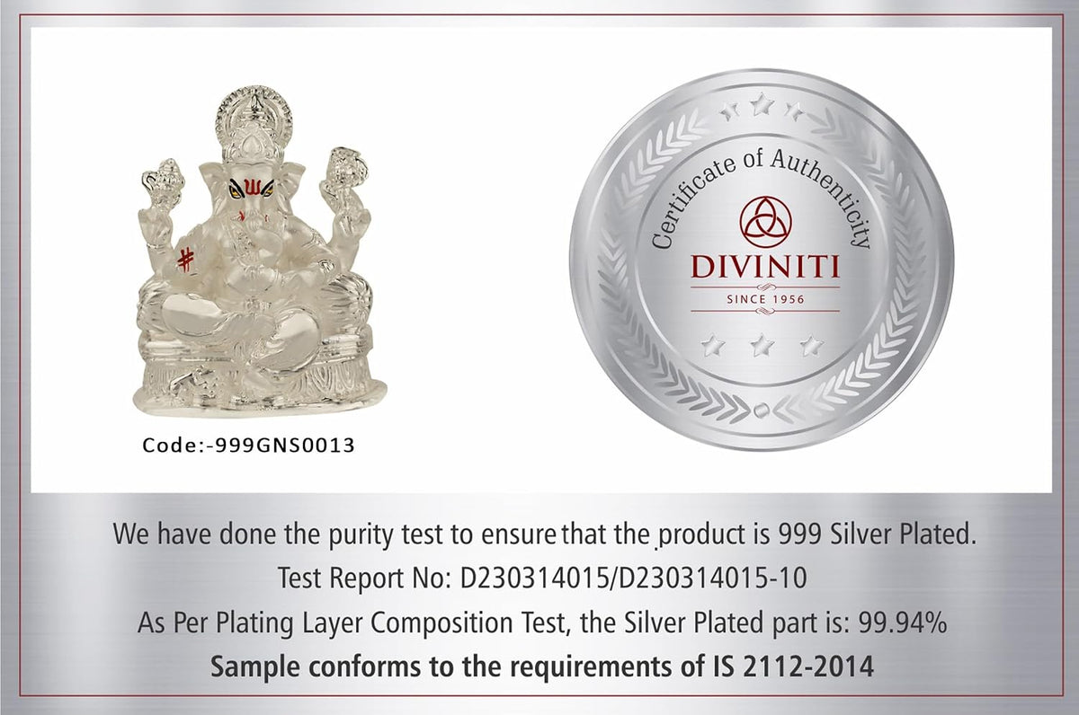 DIVINITI Ganesha Idol for Home Decor Showpiece 999 Silver Plated Statue of Lord Ganesha for Tabletop Murti for Puja Room, Festival Gift Ganpati Figurine for Prosperity, Good Luck (8 X 7 CM)