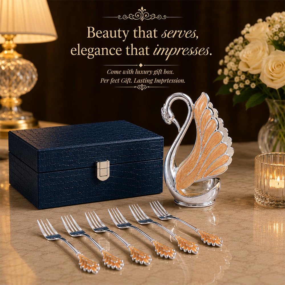 Diviniti Decorative Swan Fork Holder with Fork Set | Elegant Silver & Gold Finish | Tabletop Dining Organizer | Home Décor & Dining Table Accessory