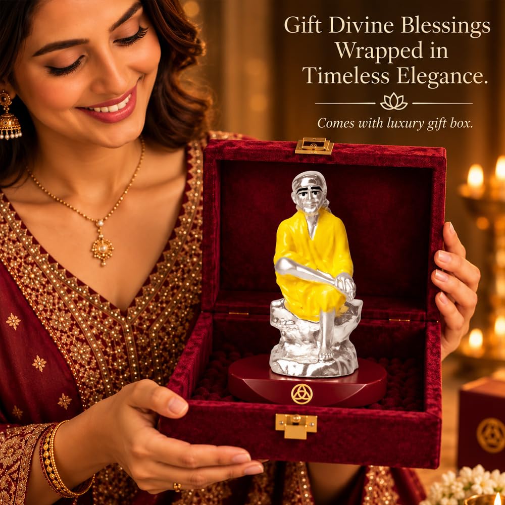 DIVINITI 999 Silver-Plated Sai Baba Idol | Shirdi Sai Murti for Home, Office & Pooja Mandir | Diwali, Housewarming & Spiritual Gift with Premium Gift Box | 9 x 6.5 CM