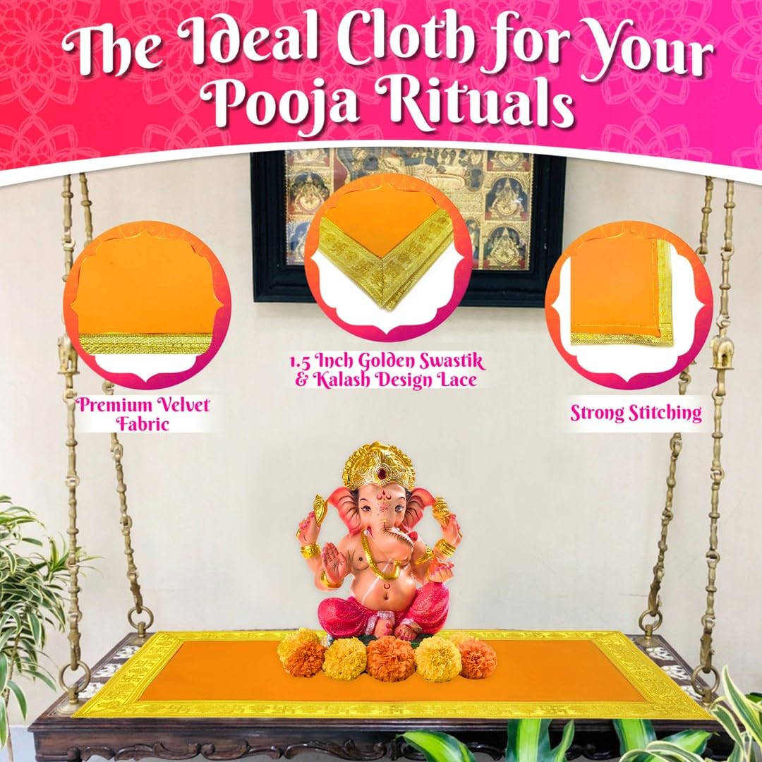 Bhakti Lehar Orange Velvet Pooja Cloth | Aasan for God Idol Sitting, Mandir Shelf, Puja Chowki Table and Home Temple Decoration - Pack of 4 (18 x 24 Inch)