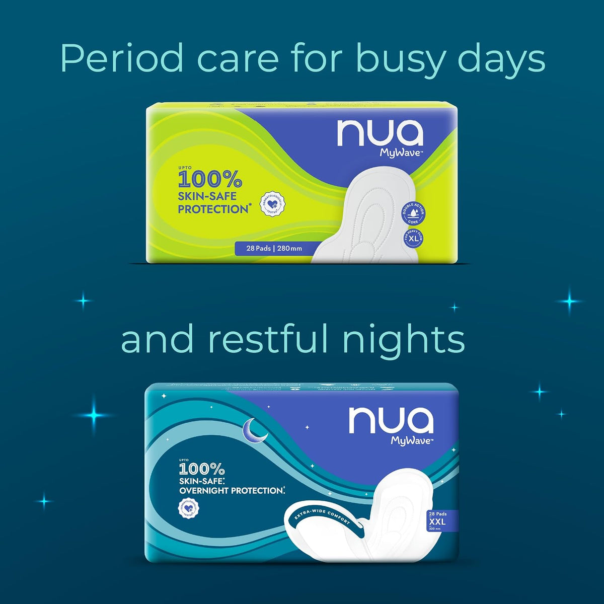 Nua MyWave Night XXL Sanitary Pads for Women | Heavy Flow Period Pads | Super Soft, Rash-Free, Leak-Proof | Super Absorbent | Pack of 28 | Individually Wrapped | 320 mm