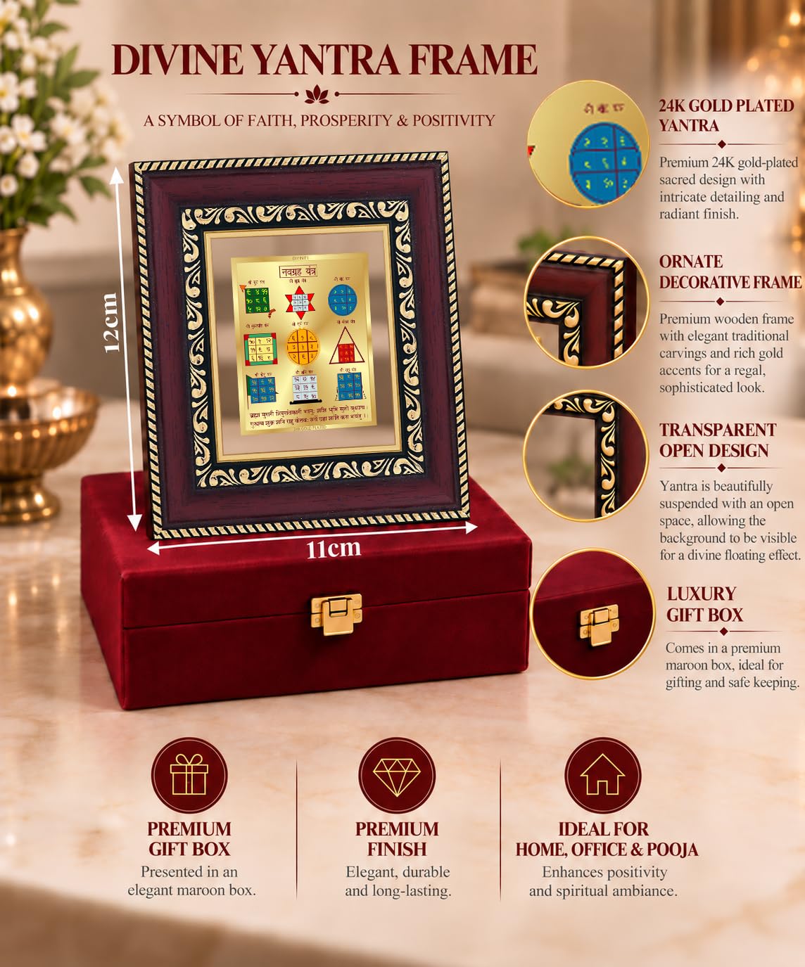 DIVINITI 24K Gold-Plated Navagraha Yantra Frame | Sacred Nine Planets Yantra for Harmony, Protection & Positivity | Home, Office & Pooja Decor | Premium Gift Box | 12 x 11 CM