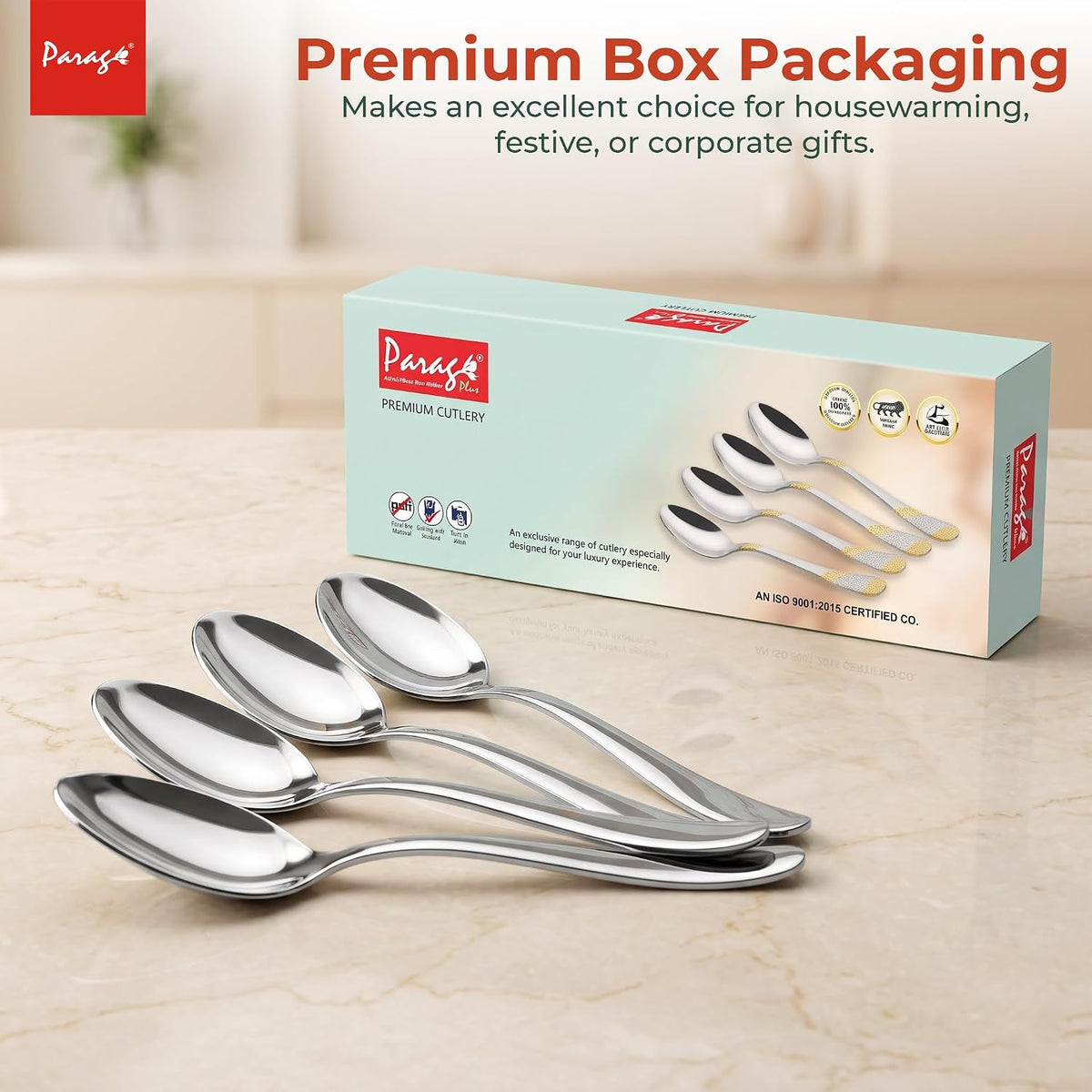 Parage Tiara Stainless Steel Dinner Spoon Set of 6, Length 16cm Tableware with 2mm Thickness Spoons, Mirror Finish for Home Kitchen Dining