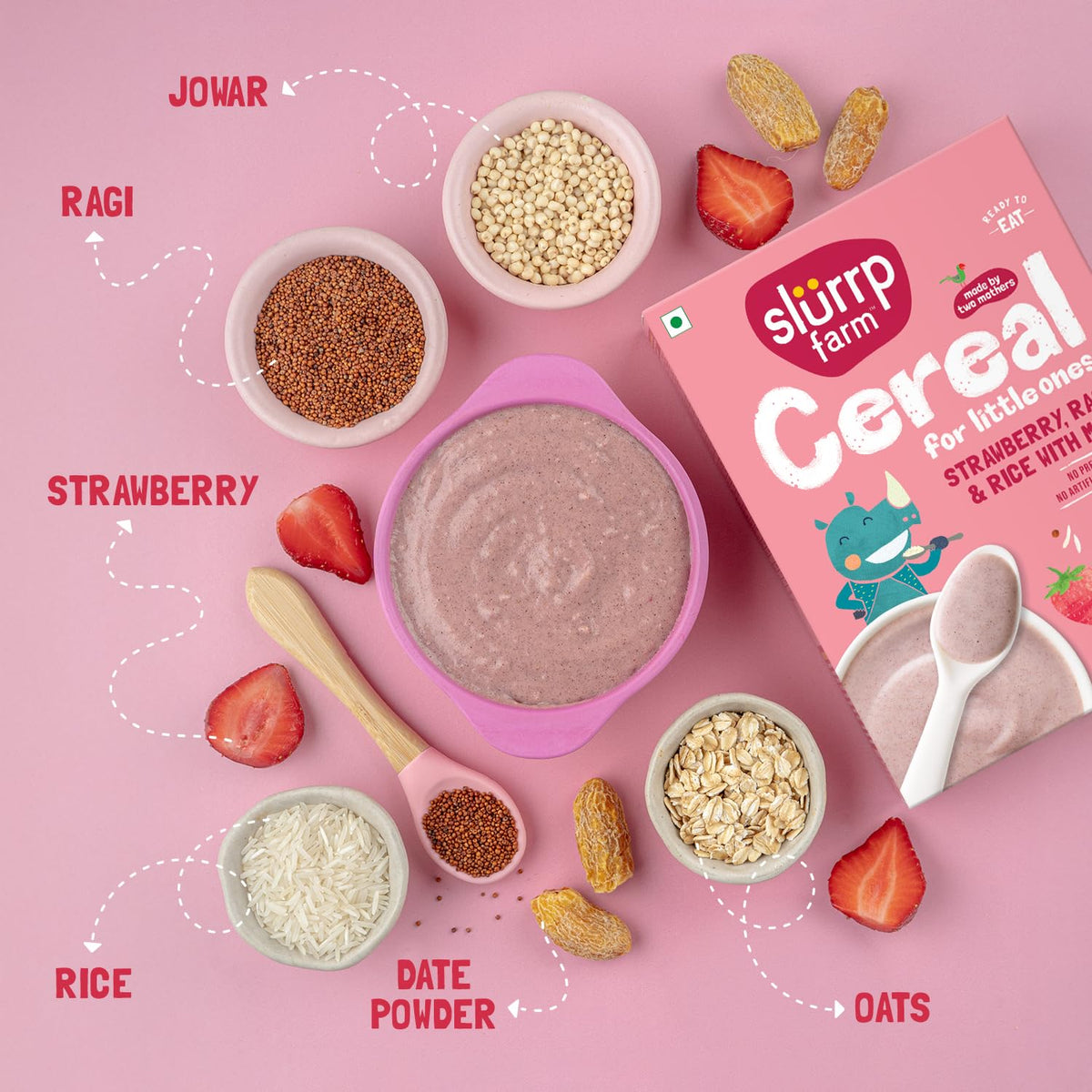 Slurrp Farm Cereal, Ragi, Rice and Strawberry with Milk, Instant Healthy Food, NO Added Sugar, Mildly Sweetened with Date Powder