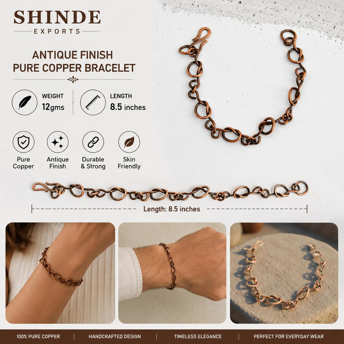 SHINDE EXPORTS Pure Copper Link Chain Bracelet Unisex S Hook 8.5 Inch