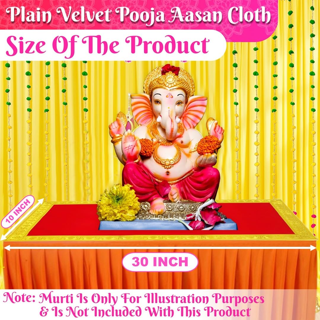 Bhakti Lehar Red Velvet Pooja Cloth | Aasan for God Idol Sitting, Mandir Shelf, Puja Chowki Table and Home Temple Decoration - Pack of 1 (10 x 30 Inch)