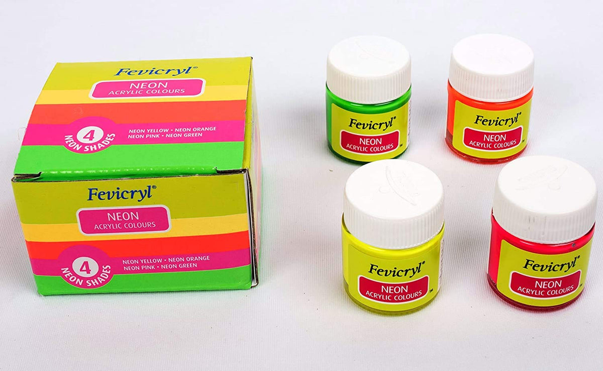 Fevicryl Art Craft Painting Acrylic Colors - Neon Yellow, Orange, Pink, Green with Black Hair Round Brushes - Set of 7