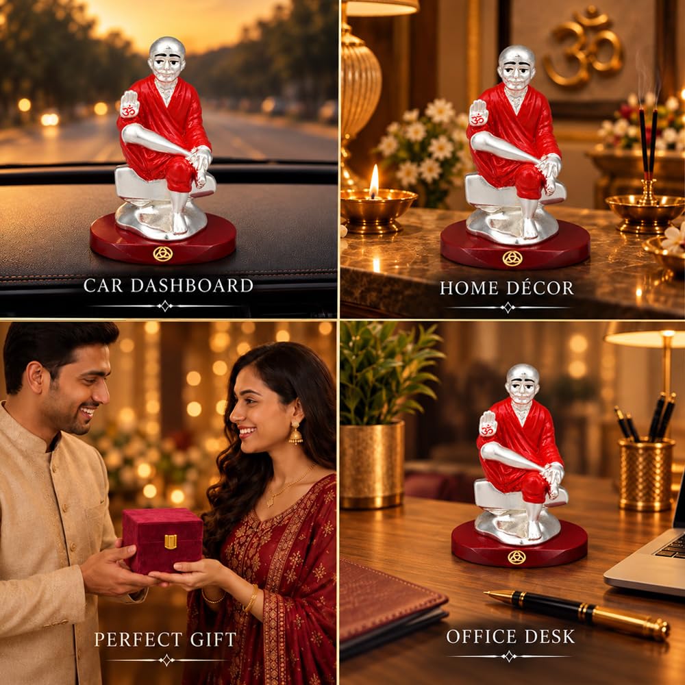 DIVINITI Premium Sai Baba Idol with Silver-Tone Finish & Red Accents | Shirdi Sai Baba Showpiece with Blessing Hand, Decorative Base & Premium Gift Box | Home, Mandir, Office & Gifting | 9 x 6.5 cm