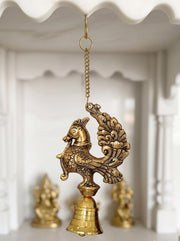 KridayKraft Decorative Peacock Design Hanging Bell for Home Decor, Antique Gold Finish Metal Door Hanging, Spiritual Wall Hanging for Living Room, Entrance & Temple - 35 cm Length