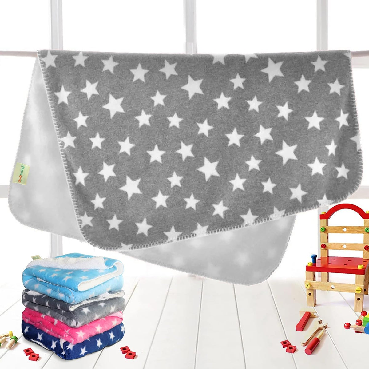 OYO BABY Baby Square Blankets Combo | for New Born Babies Baby Boys, Baby Girls, Babies for 0-6 Months, Fleece, Skin Friendly, 2 Blankets (Star Grey + Star Dark Blue)