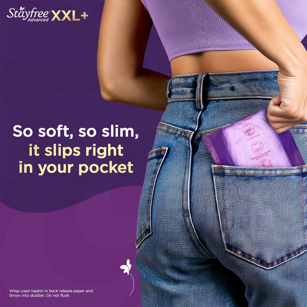 Stayfree Advanced XXXL+ Thin Sanitary Pads for Women | 8 Soft Cotton Pads for All Night Ultra Comfort | Absorbs 2x More with Wider Back | Prevent Rashes | Odour Control