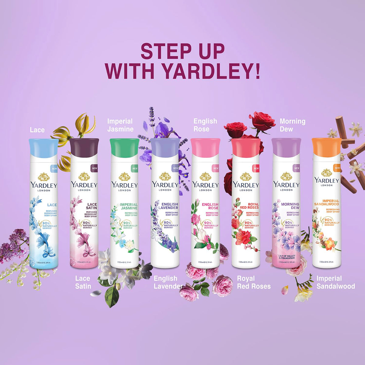Yardley London Lace Satin Perfumed Deodorant Body Spray| Fresh Floral Scent| 90% Naturally Derived| Deo Spray| Body Deodorant for Women| 150ml