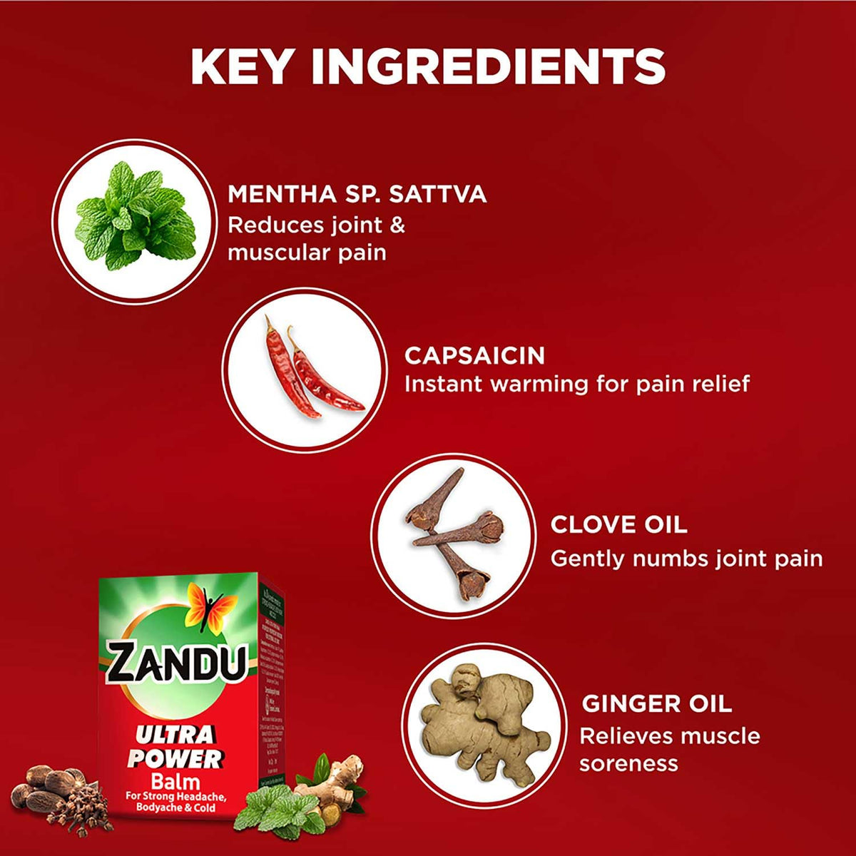 Zandu Ultra Power Balm - 10 ml, For instant pain relief from strong Headache, Bodyaches & Cold and Muscle Pain