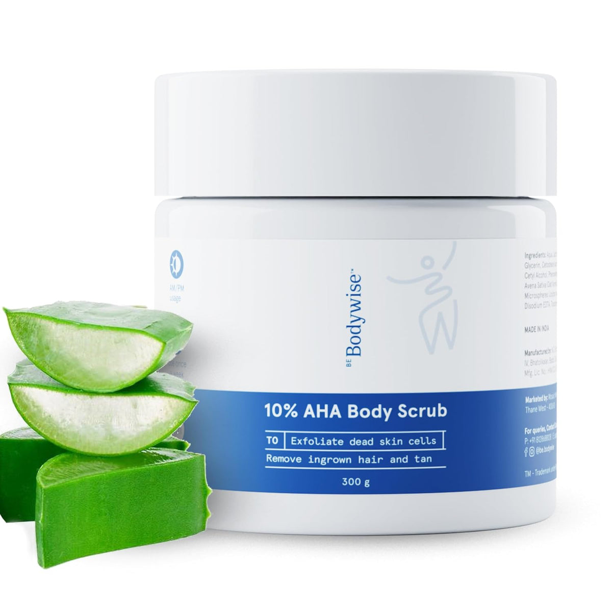 Be Bodywise 10% De Tan Lactic AHA Exfoliating Body Scrub For Tan Removal & Soft-Smooth Skin | For Women | De-Tan Bathing Scrub with Centella Water & Aloe Vera, Removes Dirt & Dead Skin from Neck, Knees, Elbows & Arms | 300g