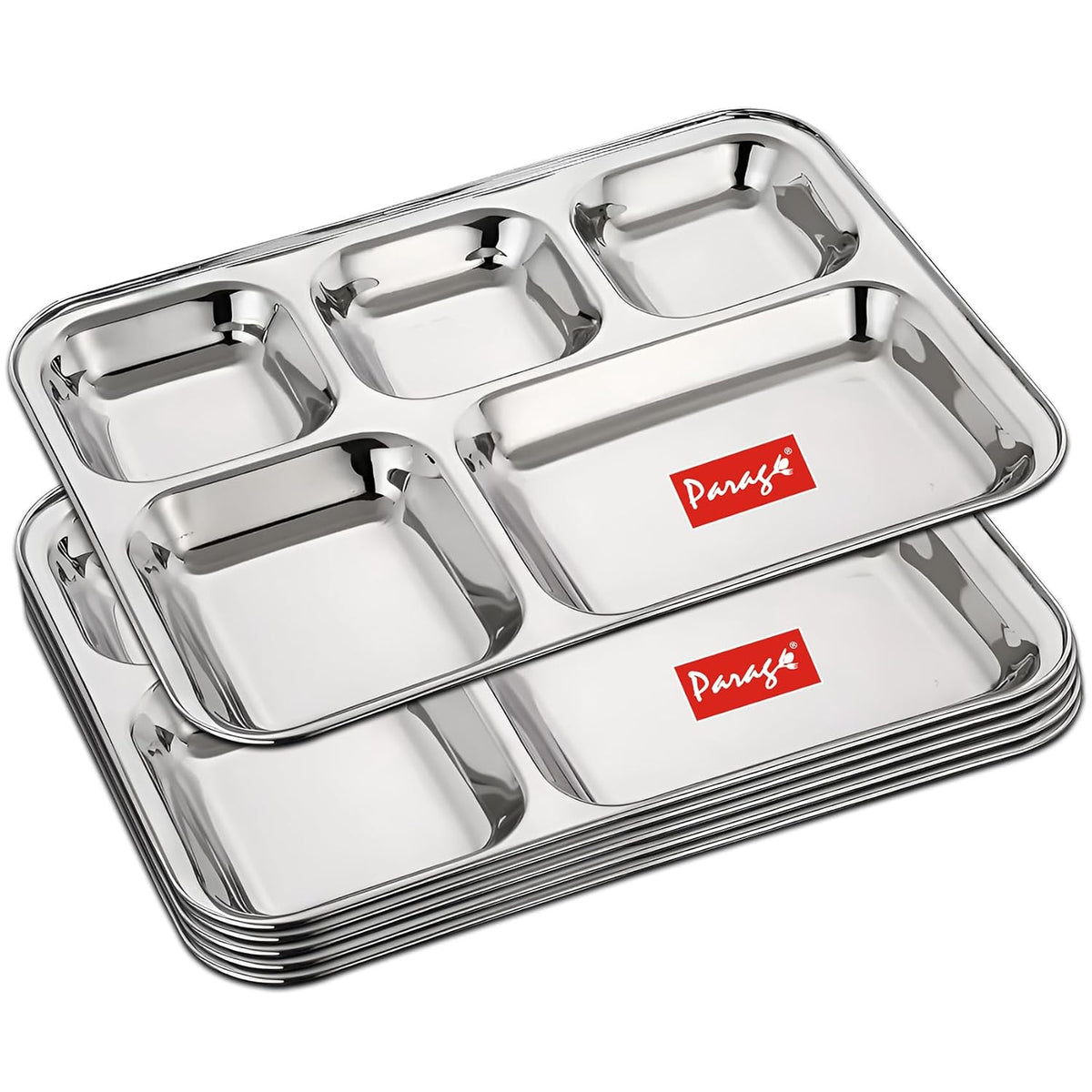Parage 6 Pieces Stainless Steel 5- Compartment Plate Set/Dinnerware/ 5 in 1 Partition Thali/Kitchenware for Home, Restaurants- Bhojan Thali (Silver)