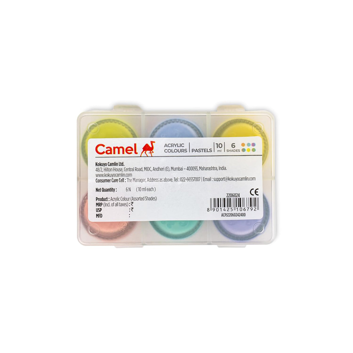 Camel Acrylic Pastel Shades 10ml Each,6 Shades, Assorted