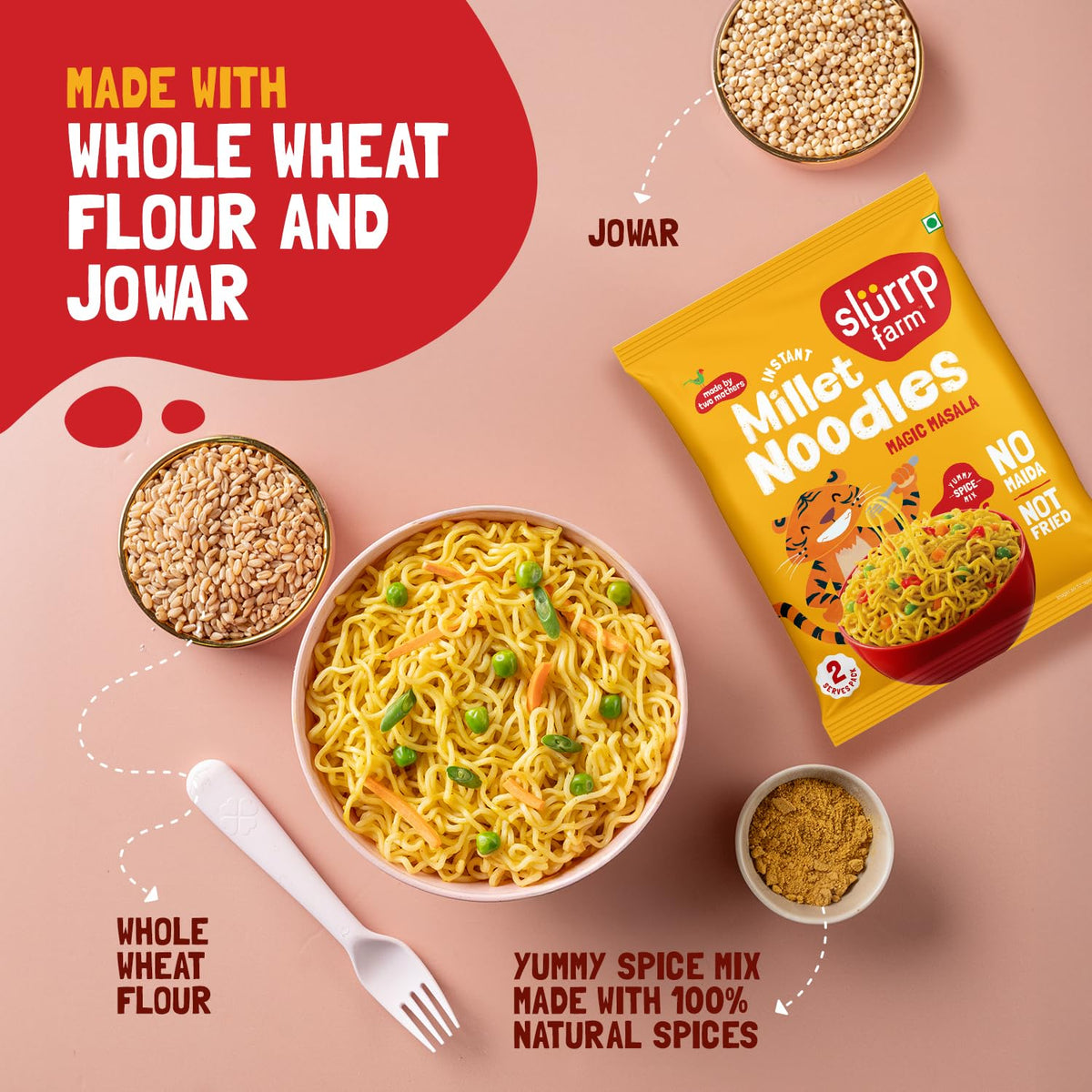 Slurrp Farm No Maida, No MSG Instant Noodles | Magic Masala | Not Fried, Millet Noodles, 6 X 57 g