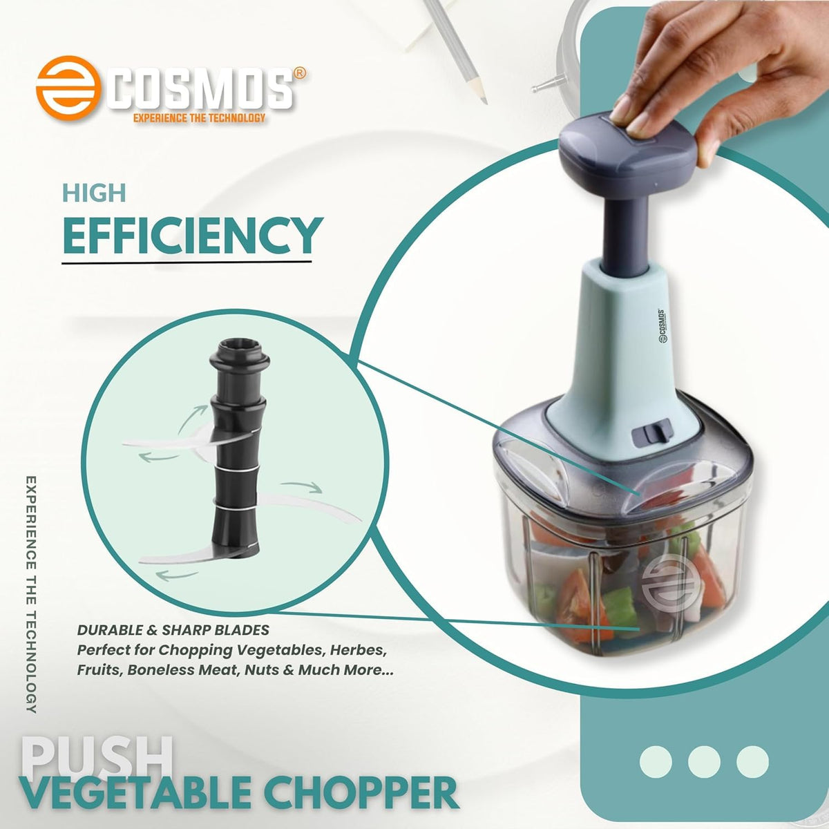 E-COSMOS Food Chopper Manual Hand Press Push Chopper with 4 Blades for Effortless Chopping Vegetables & Fruits (