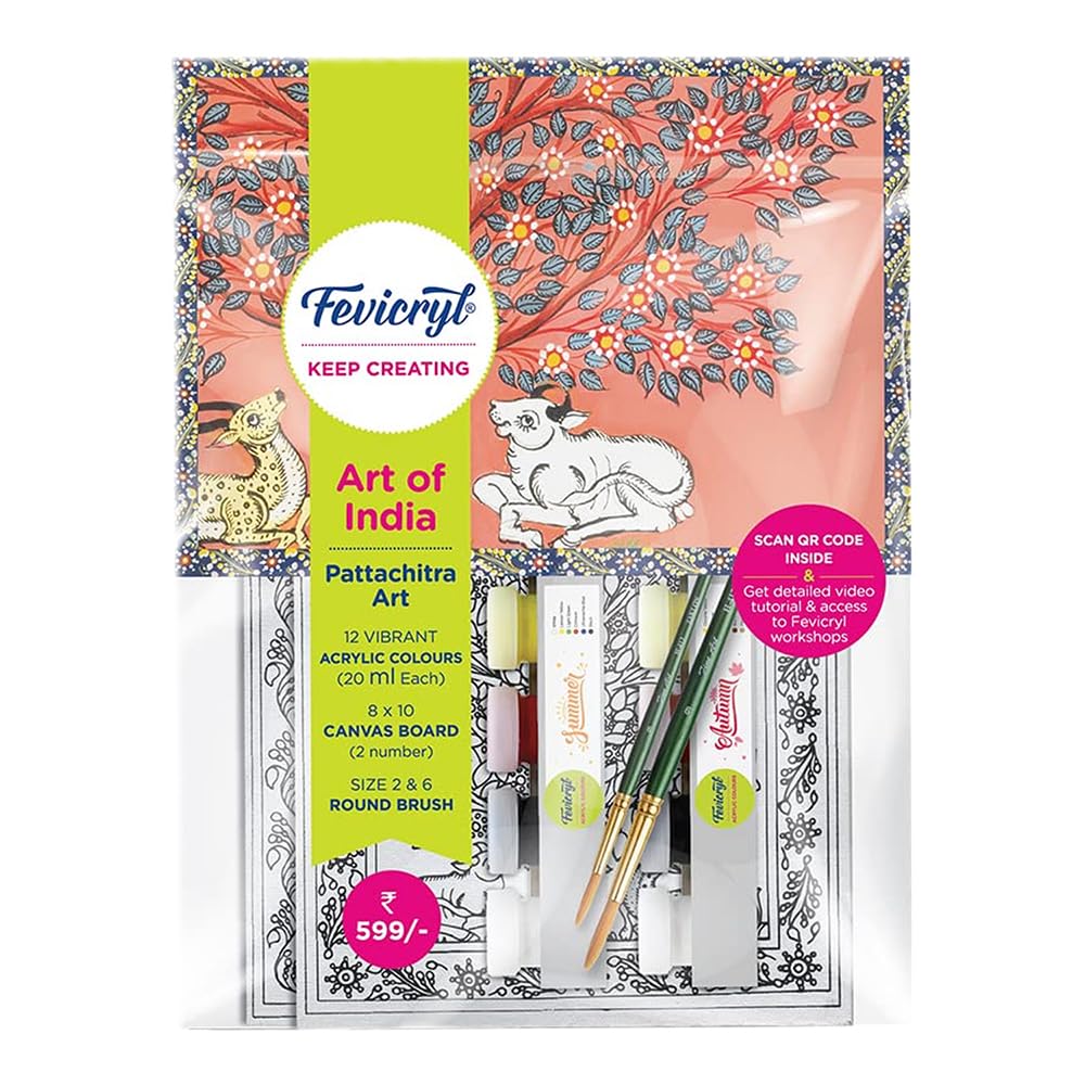 Fevicryl Art of India Pattachitra Kit, Acrylic Paints 12 Shades, 2 Round Brushes, 2 Pre-Designed Canvases, Ideal for Festive Gifting, Artists, Students