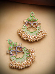 Priyaasi Gold-Plated Stones Studded Peacock Inspired, Meenakari Chandbali Earrings in Green Color with Pearls Drop