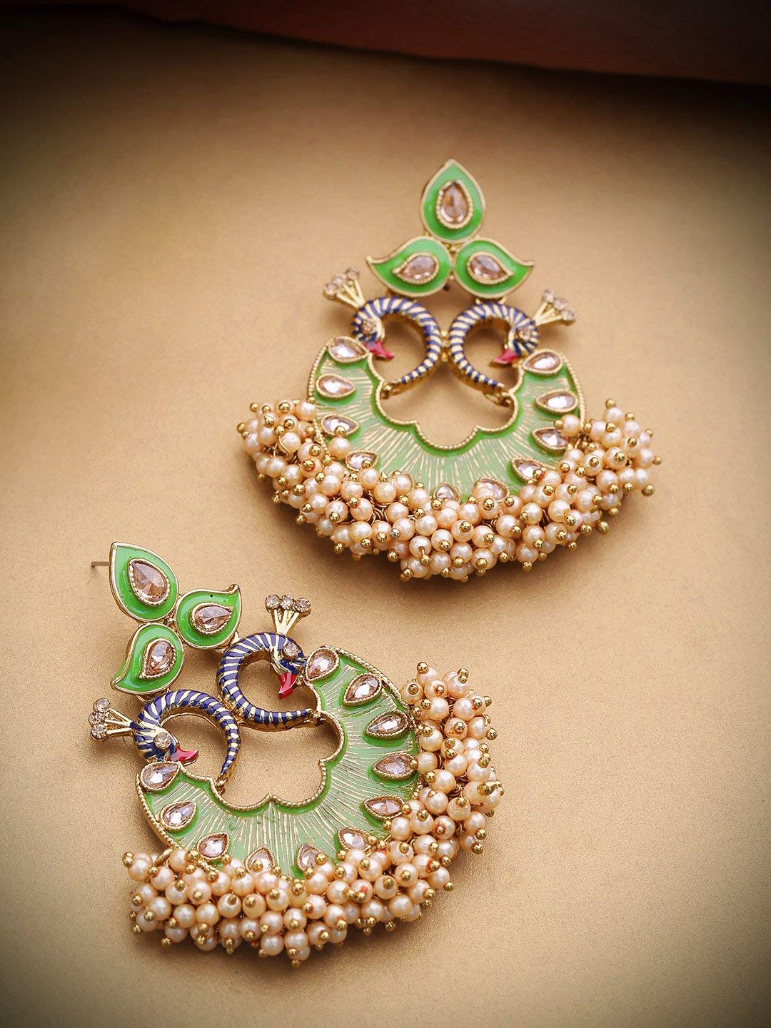Priyaasi Gold-Plated Stones Studded Peacock Inspired, Meenakari Chandbali Earrings in Green Color with Pearls Drop