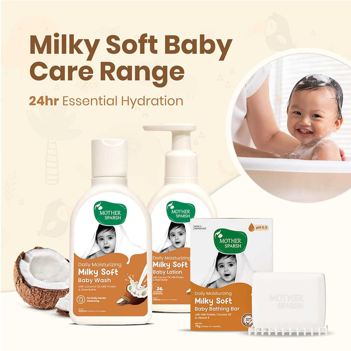 Mother Sparsh Gift Set For Babies | Combo Pack of 5 Baby Skin Care Essentials | Includes Baby Wipes, Baby Lotion, Baby Wash, Baby Bathing Bar & Baby Massage Oil