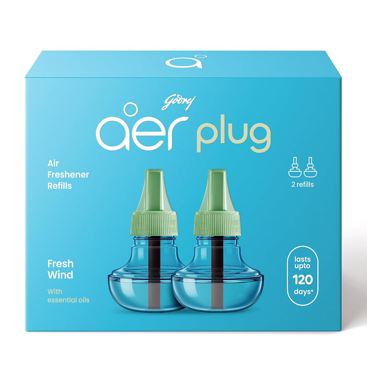 Godrej aer Plug Electric Air Freshener 2 Refills (25ml each) | Fresh Wind | Lasts up to 120 days