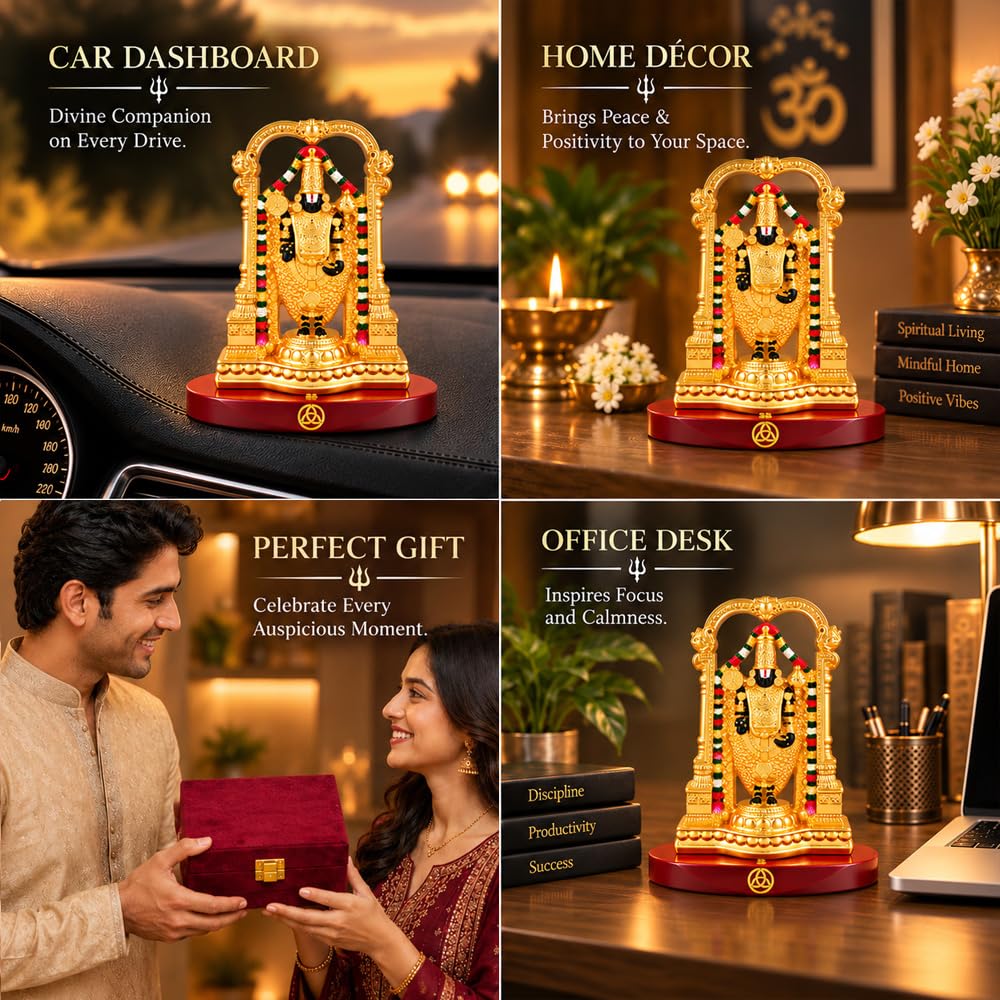 DIVINITI 24K Gold-Plated Tirupati Balaji Idol | Lord Venkateswara Swamy Showpiece with Intricate Temple Design, Decorative Base & Premium Gift Box | Home, Mandir, Office & Gifting | 9 x 6 cm