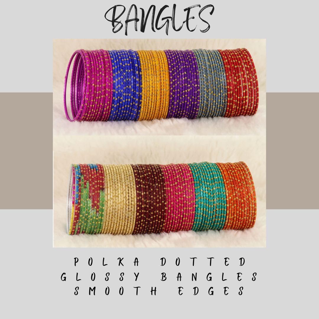 NMII Multicolour Metal Bangles Set with Golden Polka Dots & Cutting Design For Women & Girls | Women's Bangles Combo | Traditional Design Golden Bangles | Chudi Set- Pack of 144 Bangle