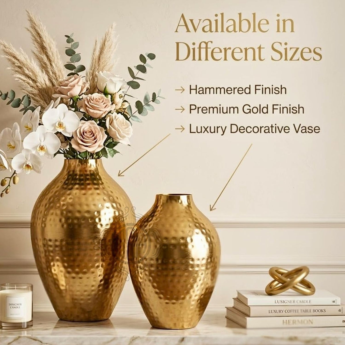 DSH Metal Hammered Flower Vase 15 Inch for Living Room, Home, Office, Center Table, Console Table, Shelf Styling & Event Decoration