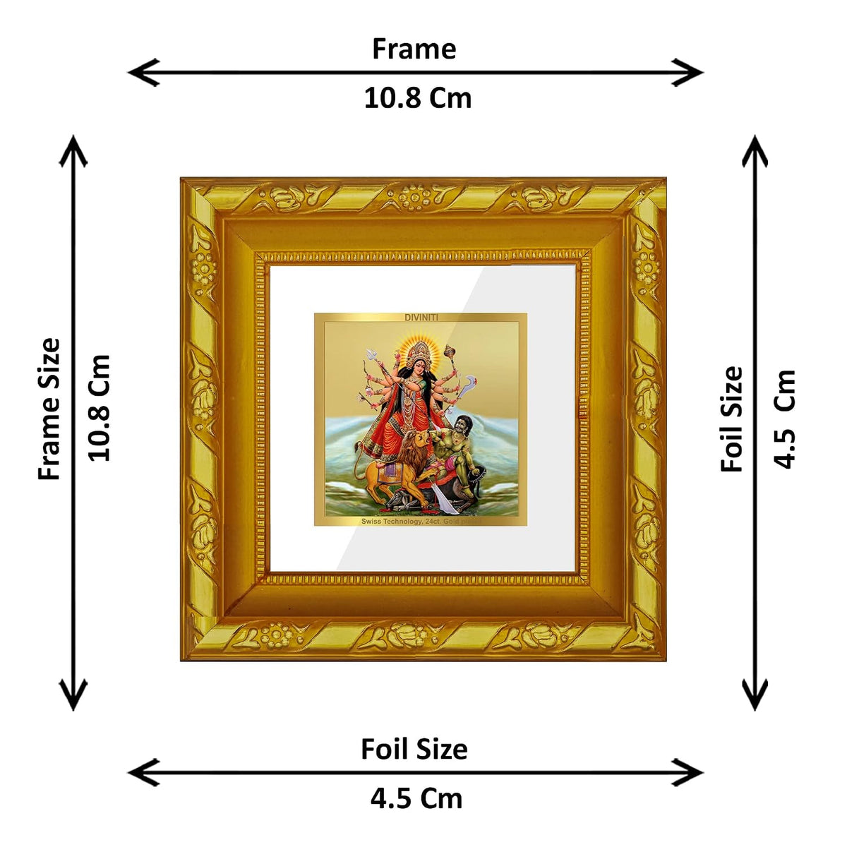 DIVINITI Goddess Durga Gold Plated Wall Photo Frame, Table Décor| DG Frame 103 Size 1A and 24K Gold Plated Foil| Religious Photo Frame Idol For Pooja, Gifts Items (10.8 CM X 10.8 CM)