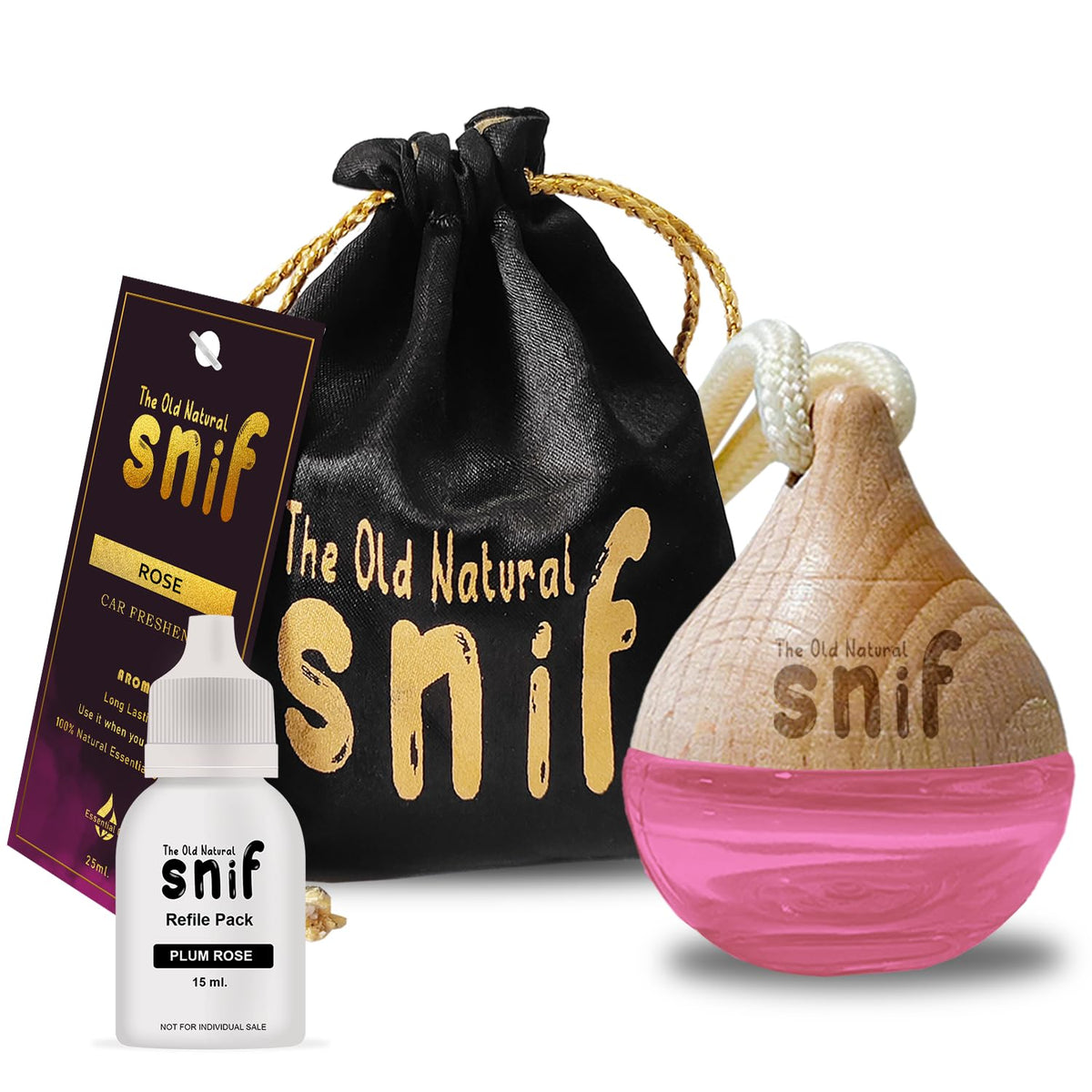 The Old Natural Snif Car Perfume With Essential Oils | Car Perfume Diffuser With 15ml Refill Pack | Blue Water, White Oudh and Plum Rose (Pack Of 3, 60ml)