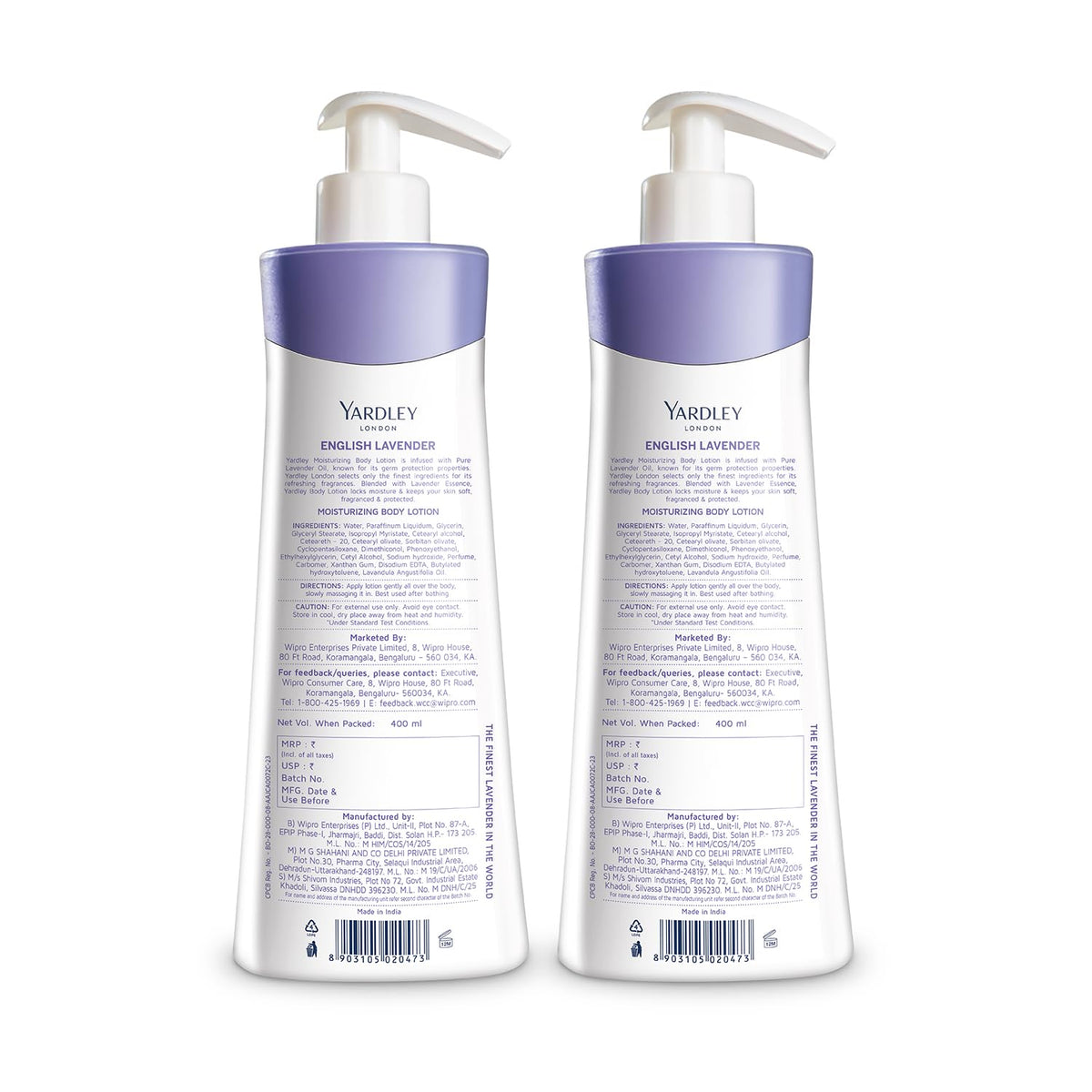 Yardley London English Lavender Moisturizing Body Lotion, Germ Shield, 400ml [350ml +50ml Free] (Pack of 2)